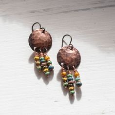 Handmade Rustic Hammered Copper Circle Earrings with Seed Bead Fringe Artisan Copper Beaded Earrings Nickel Free, Bohemian Copper Beaded Earrings With Round Beads, Bohemian Copper Beaded Earrings, Bohemian Brown Hand Forged Earrings, Bohemian Copper Earrings With Hammered Detail, Bohemian Hammered Copper Earrings, Hammered Copper Earrings, Bead Fringe, Steamboat Springs