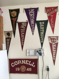 several pennants are hanging on the wall