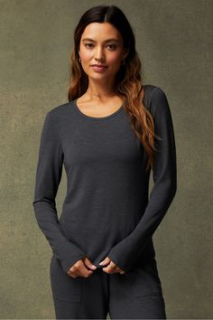 RestoreKnit Long Sleeve Tee Fabletics Charcoal Heather female Activewear >> Womens >> Tops >> Long-Sleeves >> Long-Sleeve Top regular Breathable/Buttery Soft/Lightweight Female Activewear, Active Wear For Women, Long Sleeve Tee, Jersey Fabric, Long Tops, Long Sleeve Tops, Long Sleeve Tees, Sleeve Top, Lounge Wear