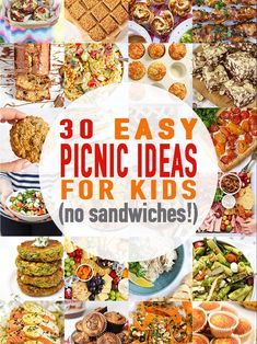 the words 30 easy picnic ideas for kids no sandwiches are shown in this collage