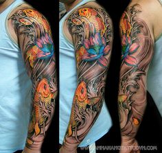 the arm is decorated with colorful flowers and fish