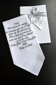 Don't know what to give Dad on the wedding day? The best wedding gift for father of the groom from bride - personalized embroidered handkerchief. Wedding handkerchiefs make special keepsakes that will be cherished for years to come. See some ideas about Wedding gifts to parents. You can either pick a traditional wedding verse or use your own words. Max 40 words with this listings. You’ll get it with a gift wrap, perfect for gifting. SIZE • 16 x 16 – 40 cm x 40 cmMATERIALS  •  CottonCOLOR on a pi Elegant Personalized Handkerchief For Bridesmaid Gift, Classic Personalized Wedding Handkerchiefs, Classic Handkerchiefs For Father's Day Gift, Personalized Handkerchiefs For Bridesmaids, Mother's Day Gift, Personalized Handkerchiefs For Father's Day Gift, Classic Wedding Handkerchiefs For Father's Day, Classic Personalized Handkerchiefs For Anniversary, Classic Personalized Handkerchiefs For Gifts, Elegant Handkerchiefs For Anniversary And Mother's Day