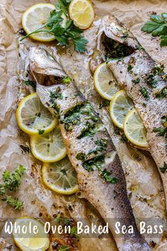 whole oven baked sea bass with herbs and lemons