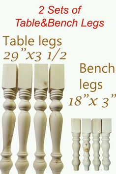 the wooden table legs are shown with measurements for each leg and two sets of tables and bench legs