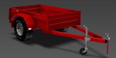 a red trailer is shown with wheels and spokes on the rim, as well as an axle