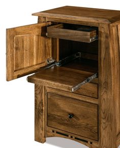 a wooden cabinet with two drawers and one door open