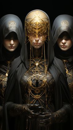 three women dressed in black and gold, with their heads covered by intricately designed veils