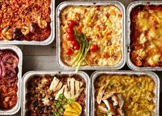 six containers filled with different types of food