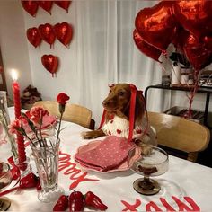 a dog sitting at a table with balloons and candles in the shape of hearts on it