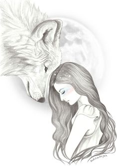 a drawing of a woman and a wolf