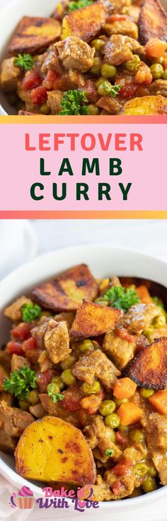 the leftover lamb curry is ready to be eaten and served in a white bowl