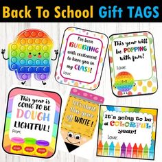 back to school gift tags for teachers and students with colorful writing on the front, in different colors