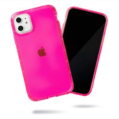 an iphone case is shown with the back and sides facing each other in bright pink