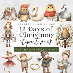 twelve days of christmas clipart pack with different children and animals in winter clothes,