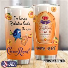 two personalized tumblers are shown with the name and image on them, one is orange