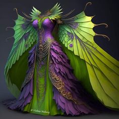 a woman in a green, purple and yellow dress with wings on her head is standing against a dark background