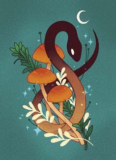 an image of a snake with mushrooms and leaves on it's back, surrounded by stars