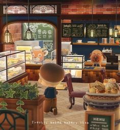 a cartoon character is standing in front of a bakery with lots of food on the counter