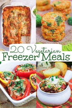 vegetarian freezer meals are shown in this collage