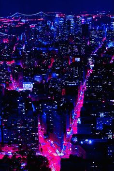 an aerial view of the city at night