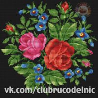 a cross stitch pattern with roses and bluebells in the center on a black background