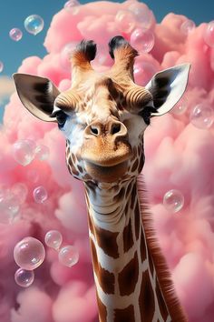 a giraffe standing in front of pink clouds with bubbles on it's head