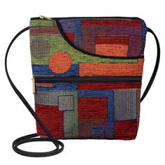 a multicolored purse with a black strap