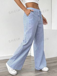 Details:Drawstring \nStyle:Casual \nClosure Type:Drawstring Waist \nDetails:Knot \nDetails:Pocket \nColor:Blue \nPattern Type:Plain \nPattern Type:Striped \nType:Straight Leg \nWaist Line:Drop Waist \nLength:Long \nFit Type:Regular Fit \nFabric:Non-Stretch \nMaterial:Woven Fabric \nComposition:78.0% Polyester \nComposition:19.0% Cotton \nComposition:3.0% Viscose \nCare Instructions:Machine wash or professional dry clean \nPockets:Yes \nTemperature:Spring/Fall (18-25℃/63-77℉) \nBody:Lined \nSheer:No \n Wide Leg Casual Pants, Casual Wide Leg Pants, Casual Wear Women, Women Pants, Drop Waist, Low Waist, Blue Stripes, Diy Sewing, Drawstring Waist