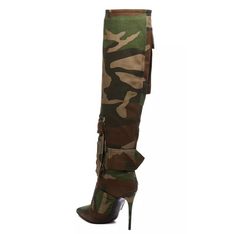 a pair of camouflage boots with high heels