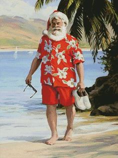 a painting of santa claus standing on the beach with his surfboard and hat in hand