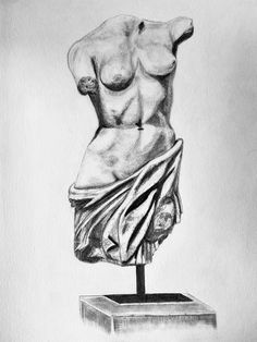 a black and white drawing of a nude woman's torso on a pedestal with a cloth draped over it