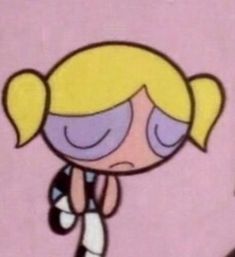 the powerpuff girls cartoon character has her eyes closed and is standing in front of a pink background