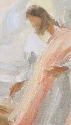 an abstract painting of a woman in pink and white dress with her hands on her chest