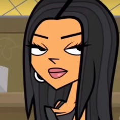 an animated image of a woman with long black hair and big eyes, looking at the camera