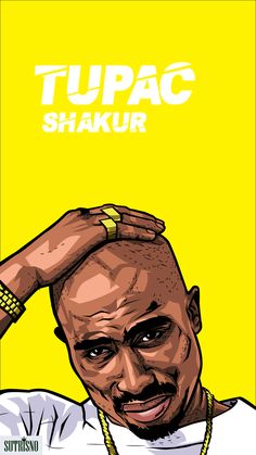 an image of a man that is holding his head in one hand and the words tupac shakur above him