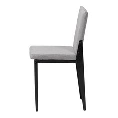 a gray chair with black legs and a white back rest on a white background in front of a white backdrop