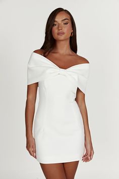 Gwyneth Off Shoulder Bow Mini Dress - White - MESHKI U.S Short Dress Elegant, Seductive Dress, Strapless Bodycon Dress, Embellished Collar, Slim Fit Dress, Backless Mini Dress, Vintage Material, Mini Dresses For Women, Slim Fit Dresses