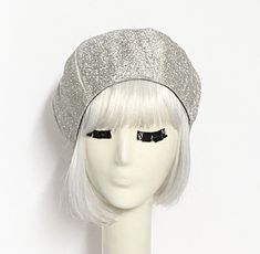 "Beret hat is made with vintage silver metallic knit fabric, lined in rayon print, the top of the hat has 6 section crown and has 1\" soft elastic band inside. One size fits most up to 22\" Made in USA Hand wash / dry" Elegant Flat Cap For Party, Silver Party Hat, One Size Fits Most, Silver Party Hat One Size Fits Most, Trendy Silver Party Hat, Elegant Fitted Beret For Parties, Elegant Party Hat One Size, Elegant Party Hat, Elegant Adjustable Beret For Parties, Beret Hat Bow