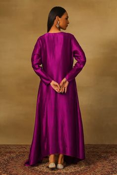 Purple asymmetric tunic with paisley embroidery using dabka, bullion, coins and thread work. - Aza Fashions Silk Long Sleeve Kaftan For Formal Occasions, Elegant Fitted Kurta With Set-in Sleeves, Formal Long Sleeve Silk Kaftan, Elegant Fitted Tunic For Festive Occasions, Elegant Tunic With Zari Work For Eid, Elegant Long Sleeve Silk Kurta, Anarkali Silk Kaftan With Long Sleeves, Silk Anarkali Kaftan With Long Sleeves, Formal Silk Fitted Kaftan