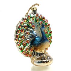 a glass ornament with a colorful peacock on it's head and tail