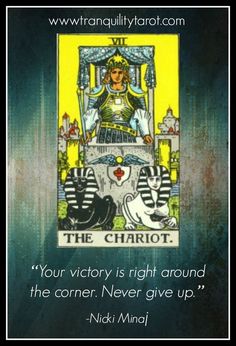 a tarot card with the quote your victory is right around the corner never give up