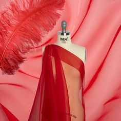 a mannequin wearing a red sari with feathers on it