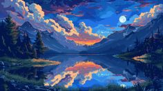 a painting of a mountain lake at night