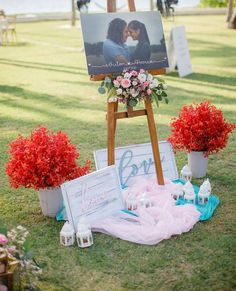 an easel with flowers and pictures on it is sitting in the grass next to some potted plants