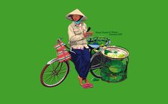 a woman sitting on top of a bike next to a basket filled with green items