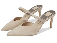 Dolce Vita Kanika - Women's Shoes : Taupe : Walk on the ramp in a gorgeous appearance by wearing Dolce Vita Kanika footwear. The footwear has a pointy toe and a stiletto heel. A man-made upper, man-made lining, and man-made footbed. Man-made midsole. Man-made outsole. Imported. Measurements: Heel Height: 3 3 10 in Product measurements were taken using size 7, width M. Please note that measurements may vary by size. Slip-on Pointed Toe Office Heels, Slip-on Pointed Toe Heels For Office, Pointed Toe Office Heels, Slip-on High Heels For Work, Beige Heels With Removable Insole And Single Toe Strap, Classic Suede Mules With Pointed Toe, Chic Mules With Almond Toe And Branded Insole, Slip-on Pointed Toe Heels For Evening, Spring Court Shoes With Sculpted Open Heel