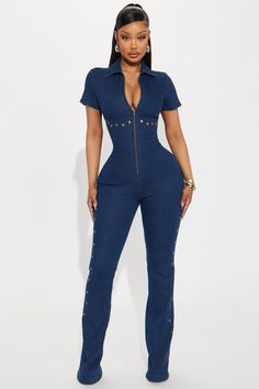 Something About This Denim Jumpsuit - Dark Wash | Fashion Nova Seamless Jumpsuit, Uzun Boy, Leg Stretching, Navy Fashion, Clothes Ideas, Jumpsuit Fashion, Jeans Jumpsuit, Denim Jumpsuit, Personal Shopper