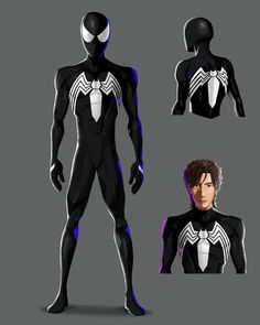 the spider - man costume is shown in three different angles, including black and white