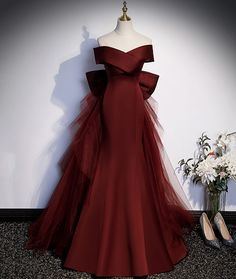 Burgundy satin tulle long prom dress evening dress · Little Cute · Online Store Powered by Storenvy Formal Red Dress Long, Wine Red Prom Dress, Debut Dress, Prom Dresses Off The Shoulder, Formal Dresses Graduation, Off Shoulder Evening Dress, Red Mermaid, Burgundy Dresses, Satin Tulle