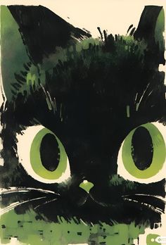 a painting of a black cat with green eyes